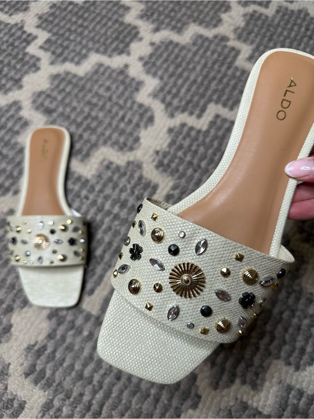 ALDO Cream Embellished Woven Flat Slide Sandals | Mixed Metal Studded Design